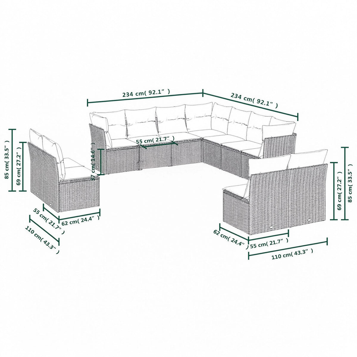 PE Rattan 11-Piece Modular Garden Corner Sofa Set with Cushions | GardenCorner