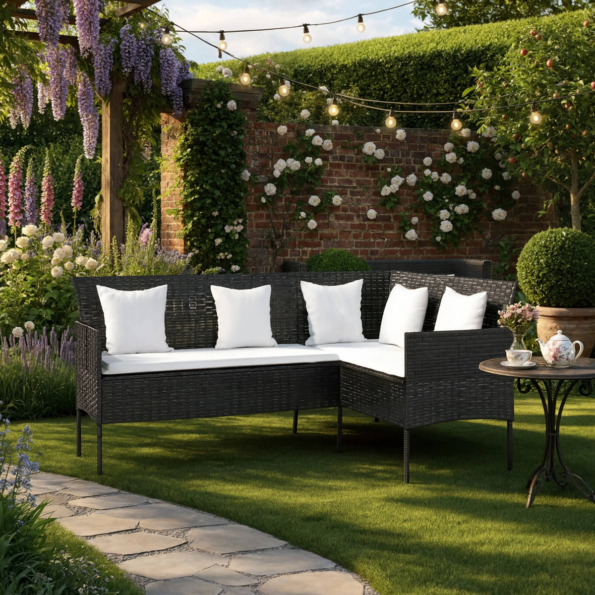 PE Rattan L-Shaped Garden Corner Sofa Set with Cushions | GardenCorner