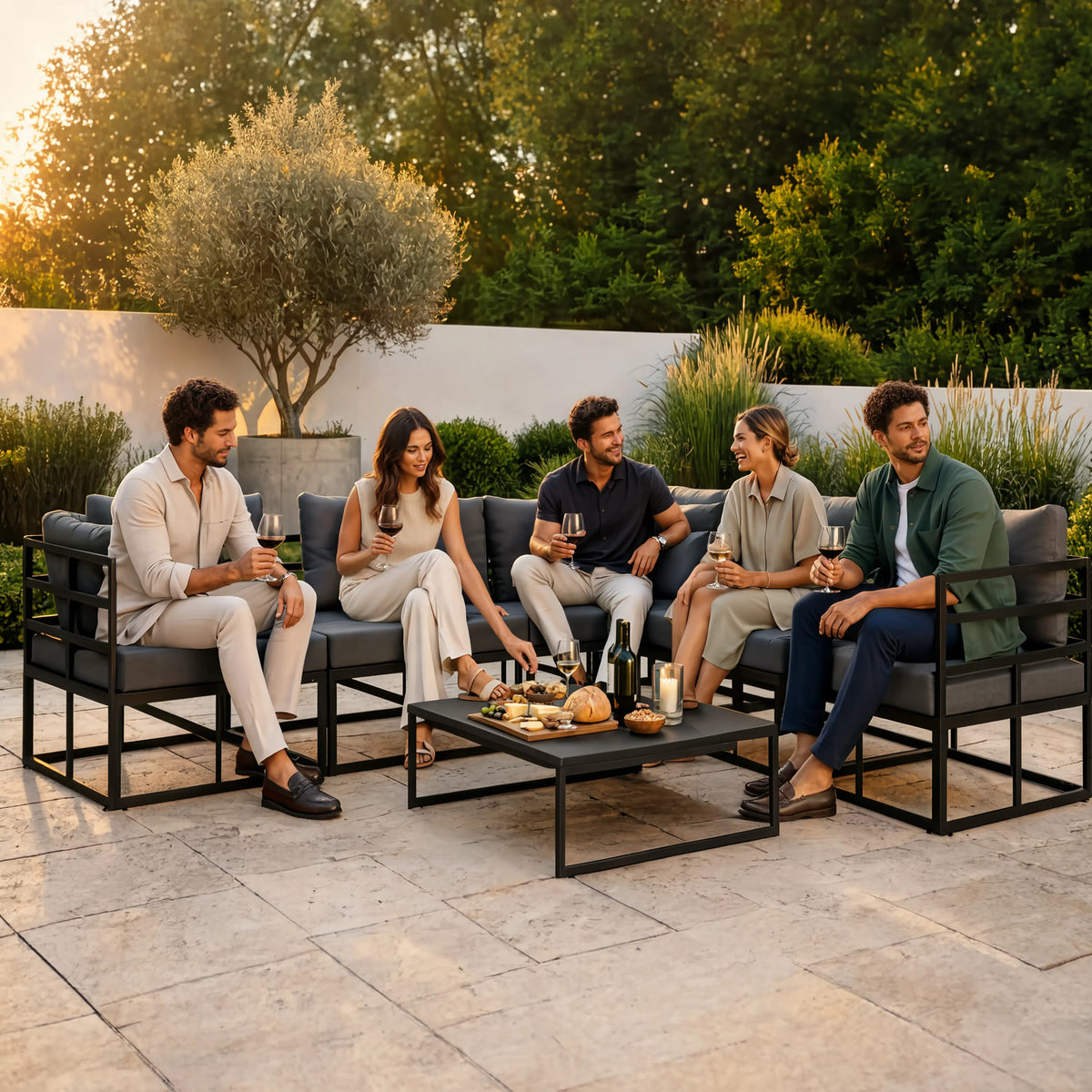 Black Aluminium 5-Piece Modular Garden Corner Sofa Set with Cushions | GardenCorner