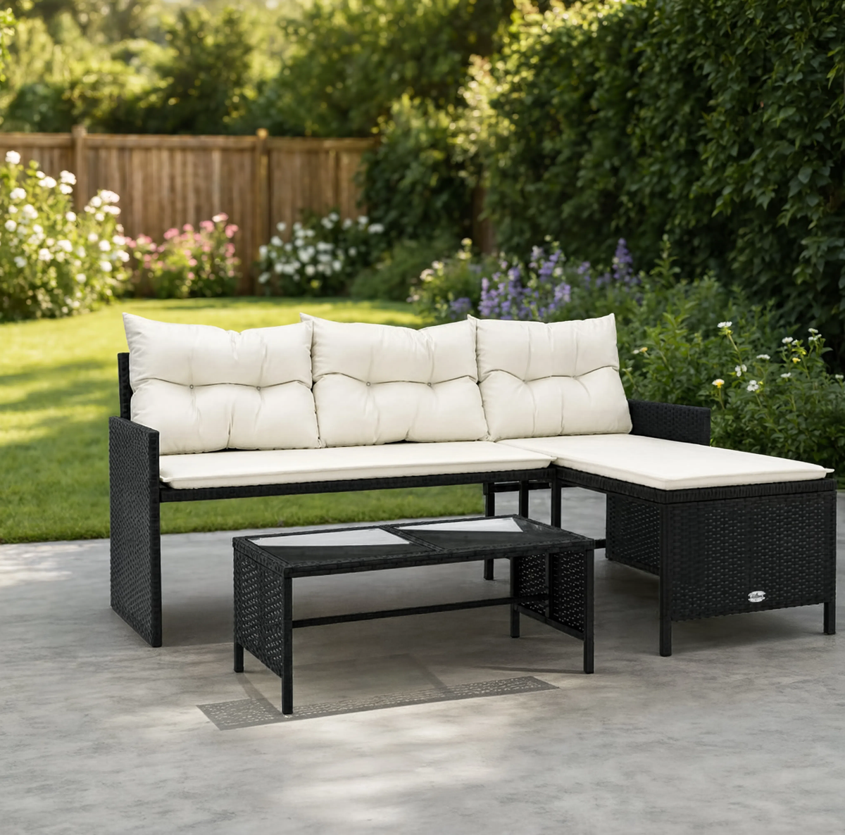 Black PE Rattan L-Shaped Garden Sofa Set with Table & Cushions | GardenCorner