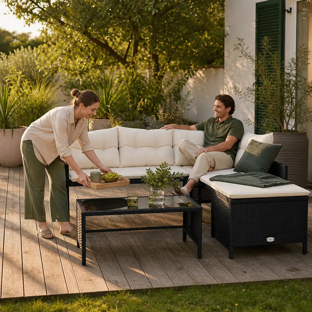 Black PE Rattan L-Shaped Garden Sofa Set with Table & Cushions | GardenCorner