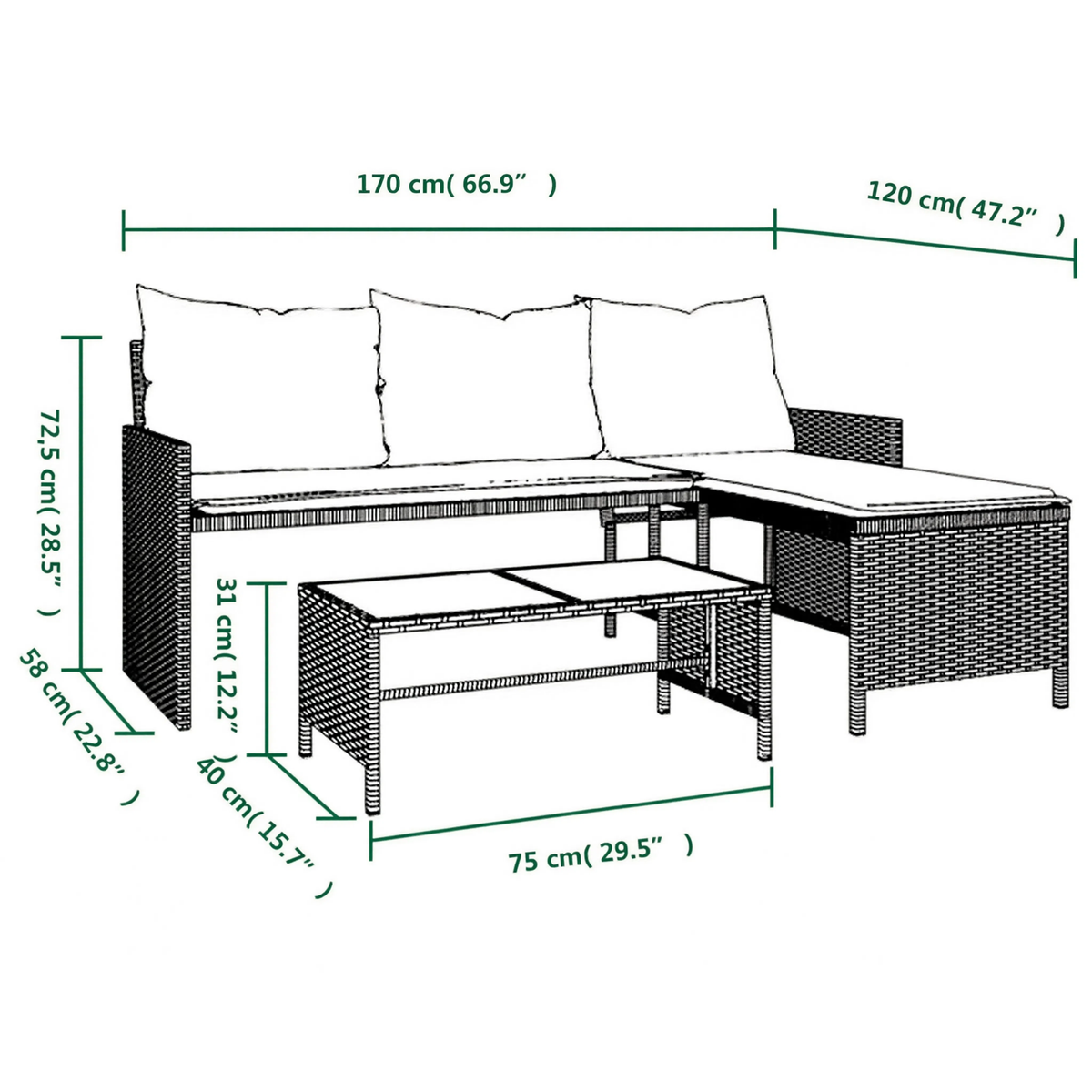 Black PE Rattan L-Shaped Garden Sofa Set with Table & Cushions | GardenCorner
