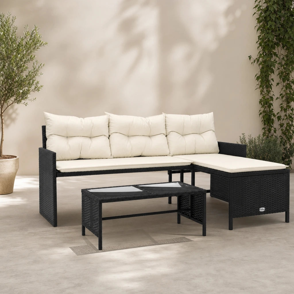 Black PE Rattan L-Shaped Garden Sofa Set with Table & Cushions | GardenCorner