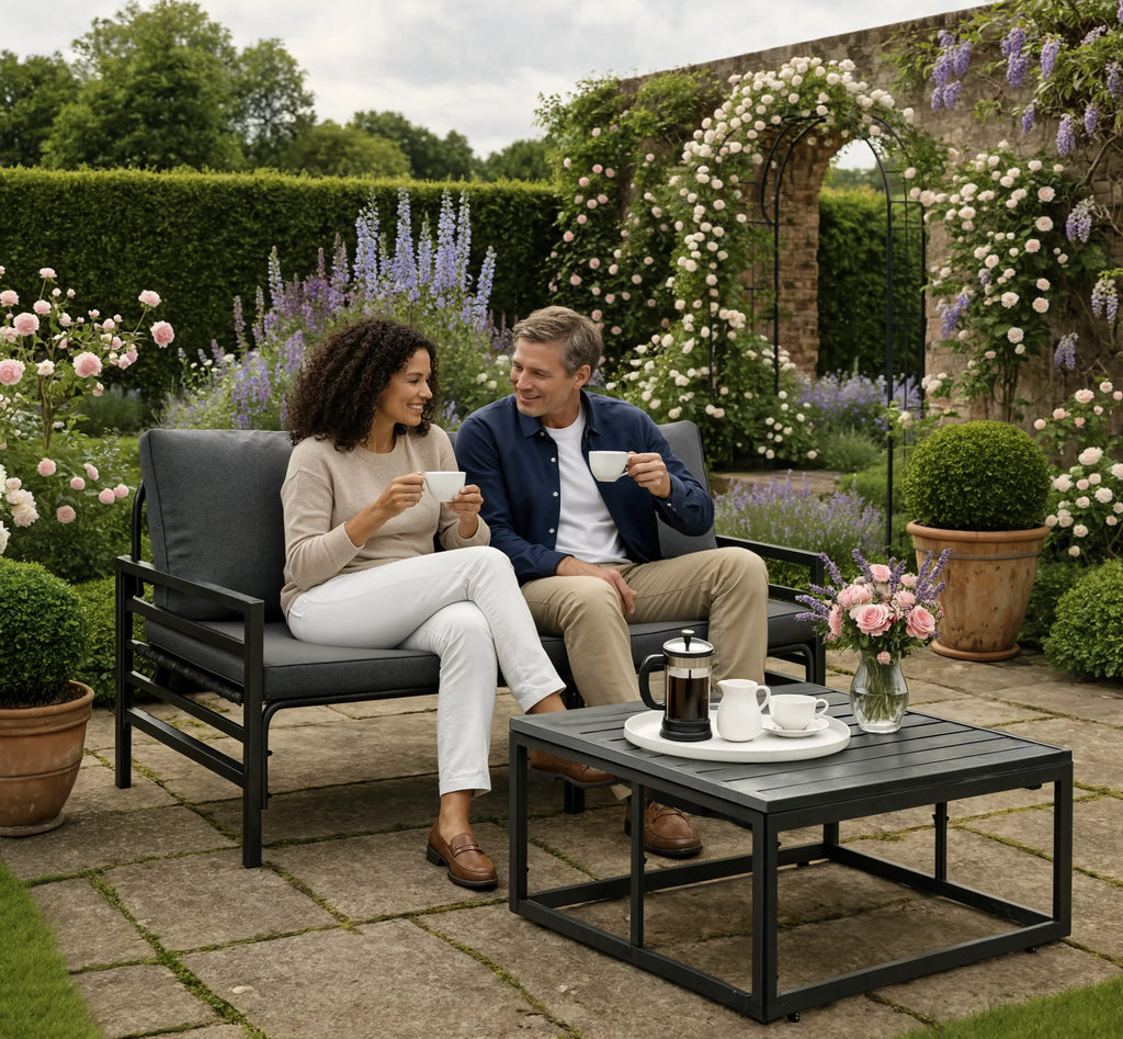 Black Steel 3-Piece Garden Sofa Set with Table & Cushions