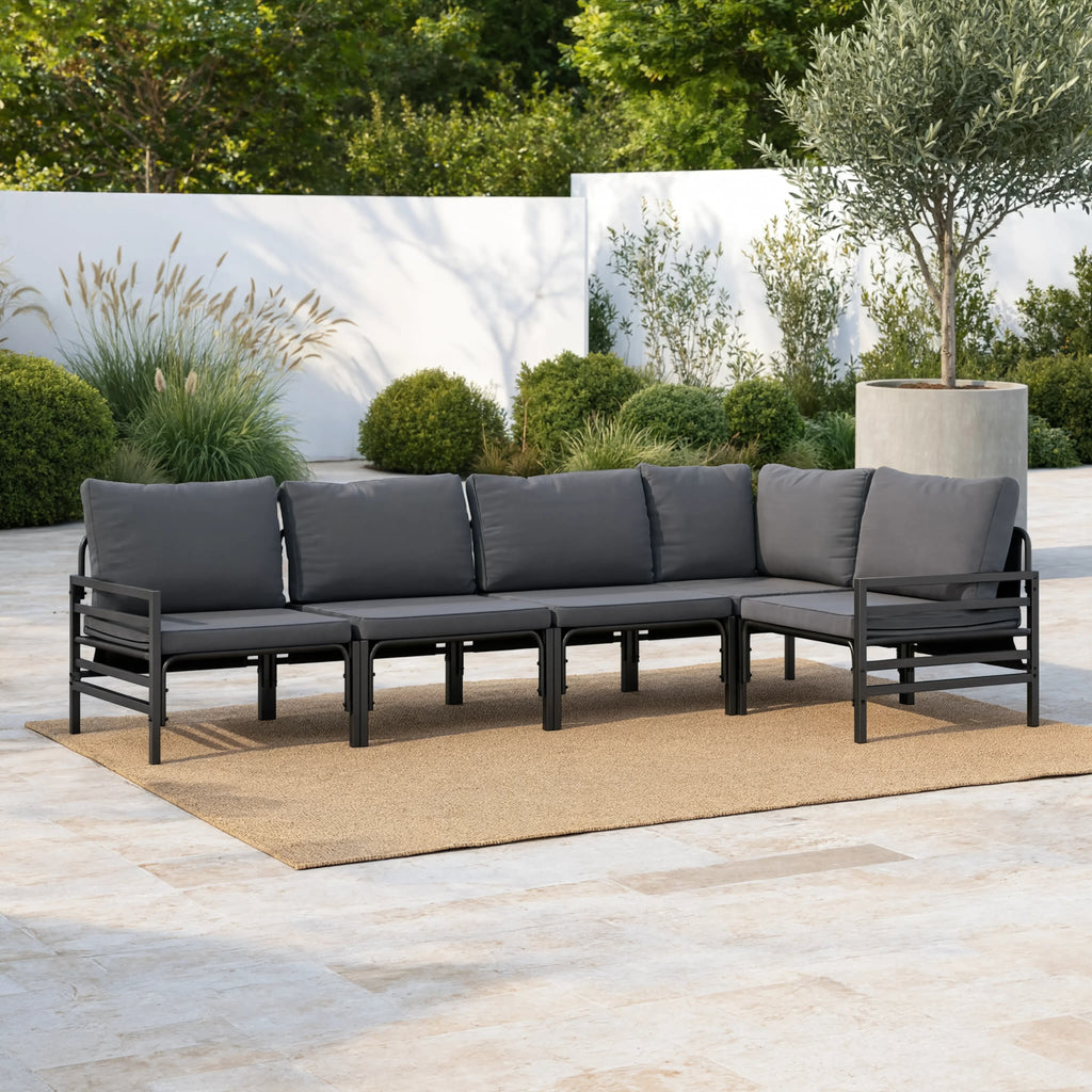 Black Steel 5-Piece Modular Garden Corner Sofa Set with Cushions | GardenCorner