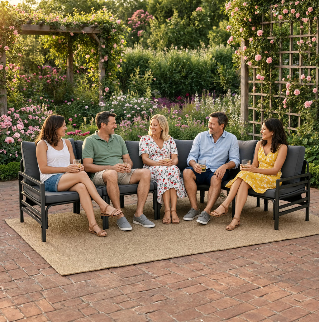 Black Steel 5-Piece Modular Garden Corner Sofa Set with Cushions | GardenCorner