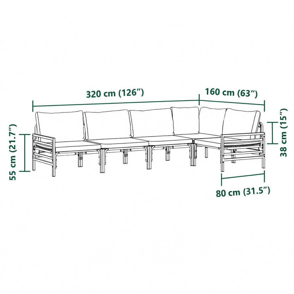 Black Steel 5-Piece Modular Garden Corner Sofa Set with Cushions | GardenCorner