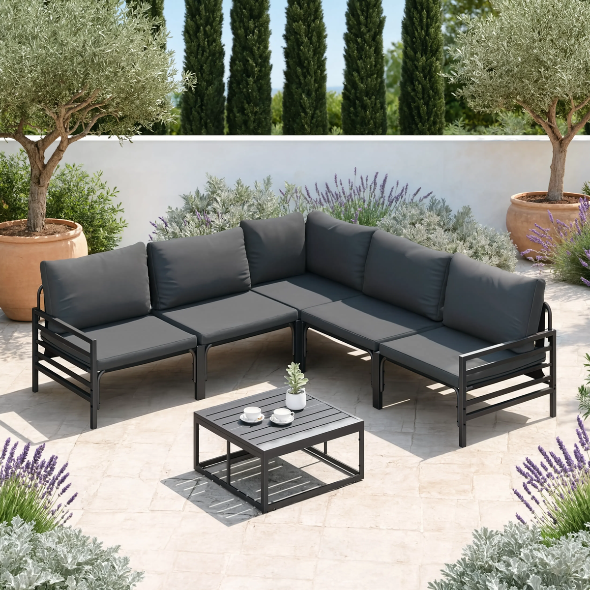 Black Steel 5-Piece Modular Garden Corner Sofa Set with Cushions | GardenCorner
