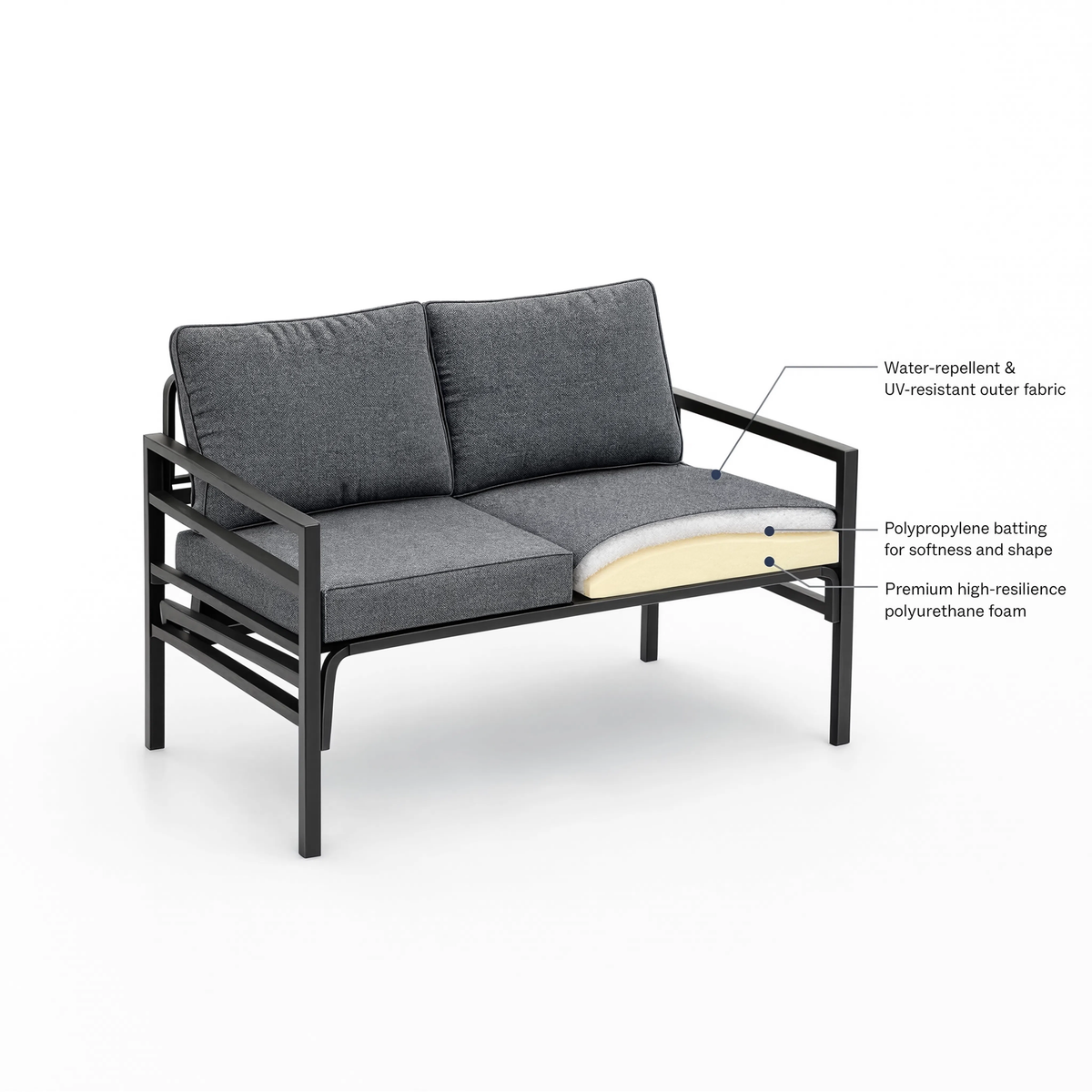 Black Steel 3-Piece Garden Sofa Set with Cushions & Table | GardenCorner