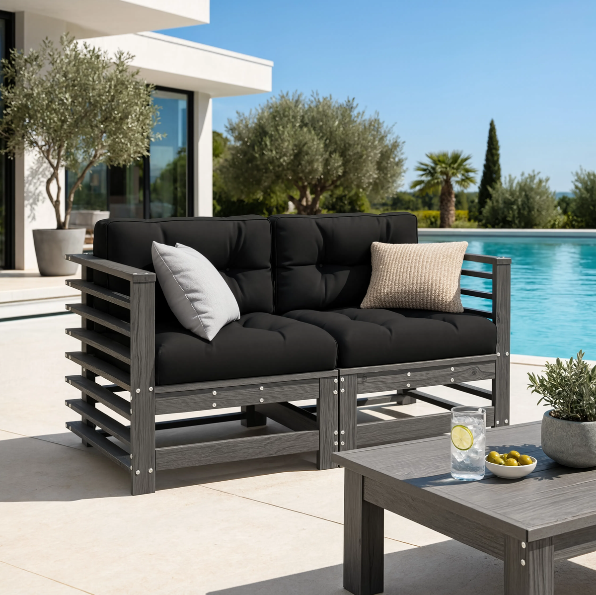Grey Pine Wood Garden Corner Sofa Set with Cushions | GardenCorner