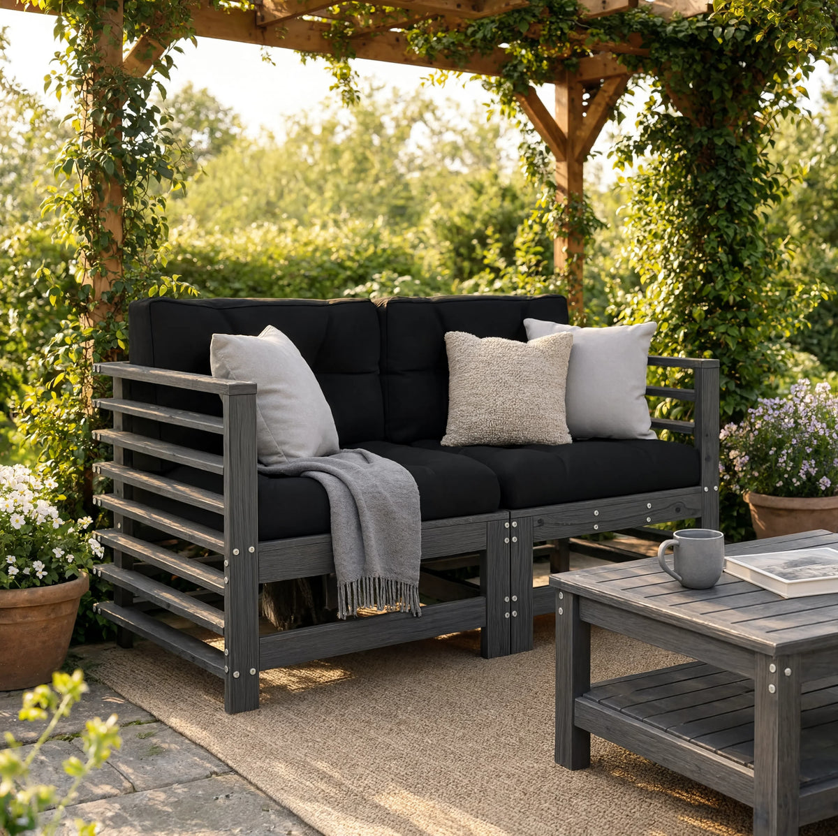 Grey Pine Wood Garden Corner Sofa Set with Cushions | GardenCorner