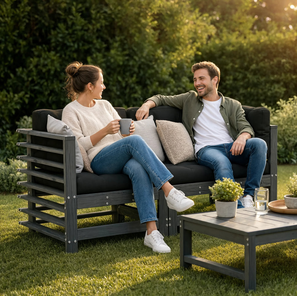 Grey Pine Wood Garden Corner Sofa Set with Cushions | GardenCorner