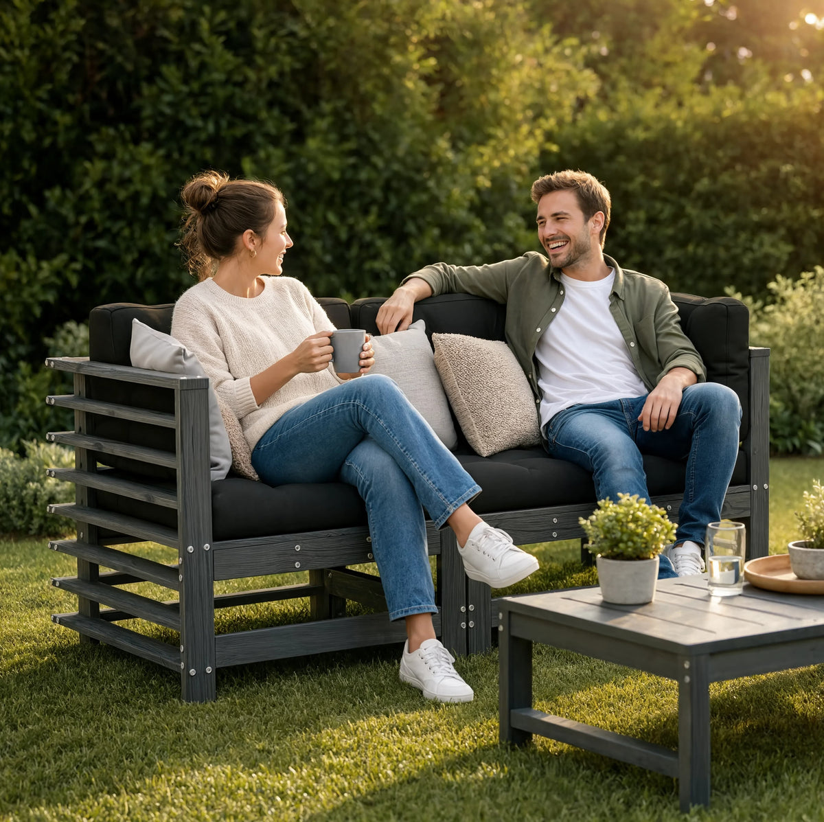 Grey Pine Wood Garden Corner Sofa Set with Cushions | GardenCorner