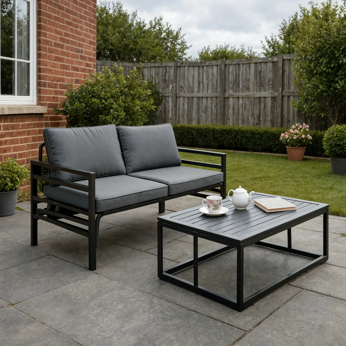 Black Steel 3-Piece Garden Sofa Set with Cushions & Table | GardenCorner