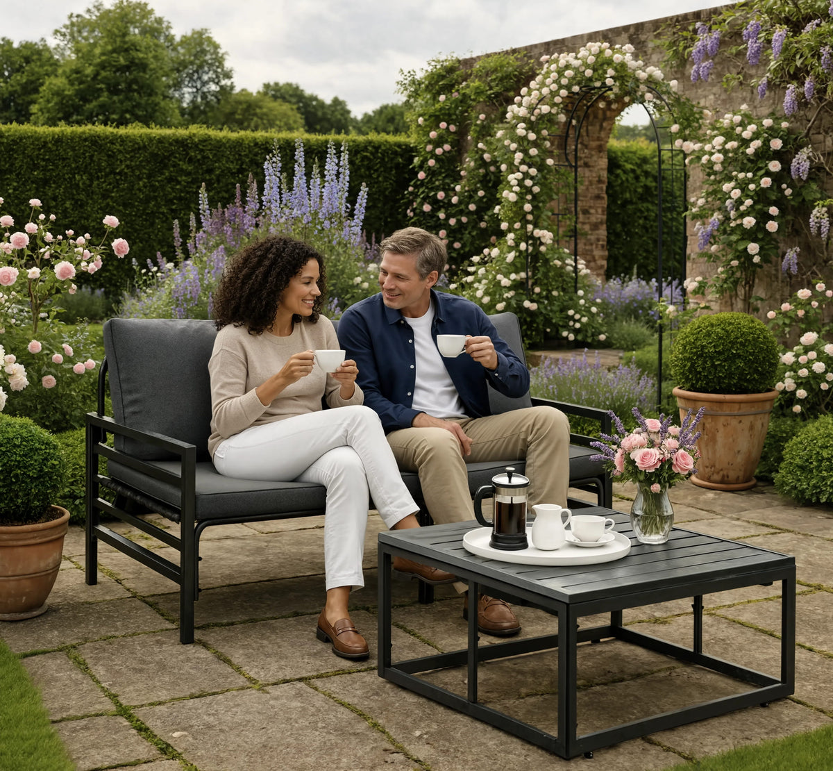 Black Steel 3-Piece Garden Sofa Set with Cushions & Table | GardenCorner
