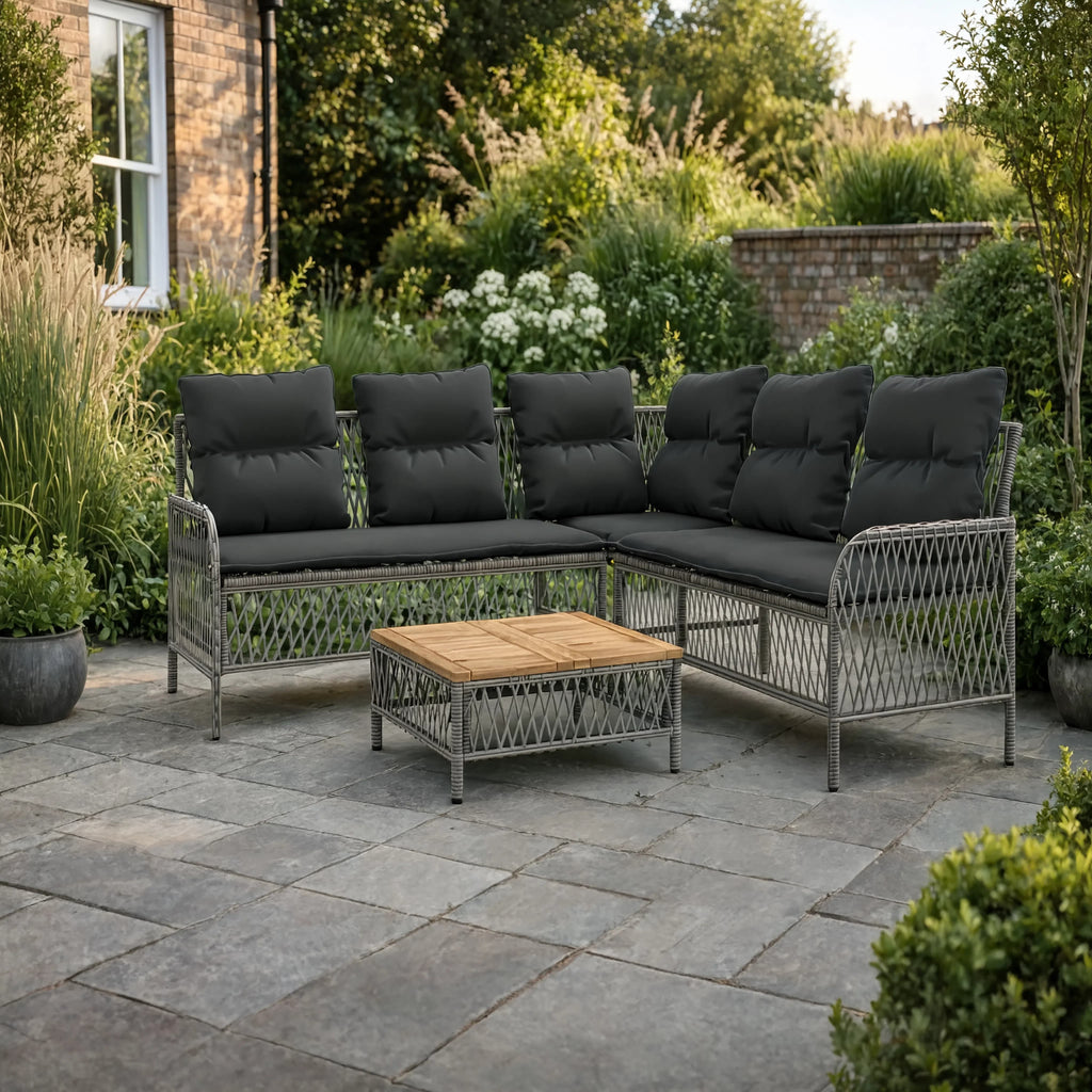 PE Rattan L-Shaped Garden Corner Sofa Set with Acacia Coffee Table | GardenCorner