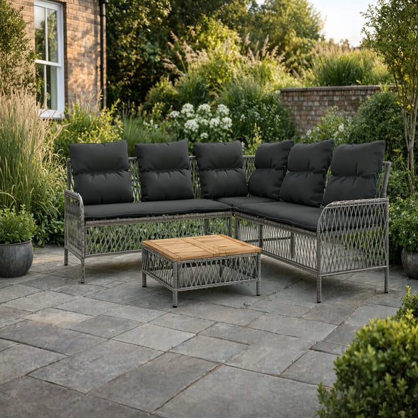 PE Rattan L-Shaped Garden Corner Sofa Set with Acacia Coffee Table | GardenCorner