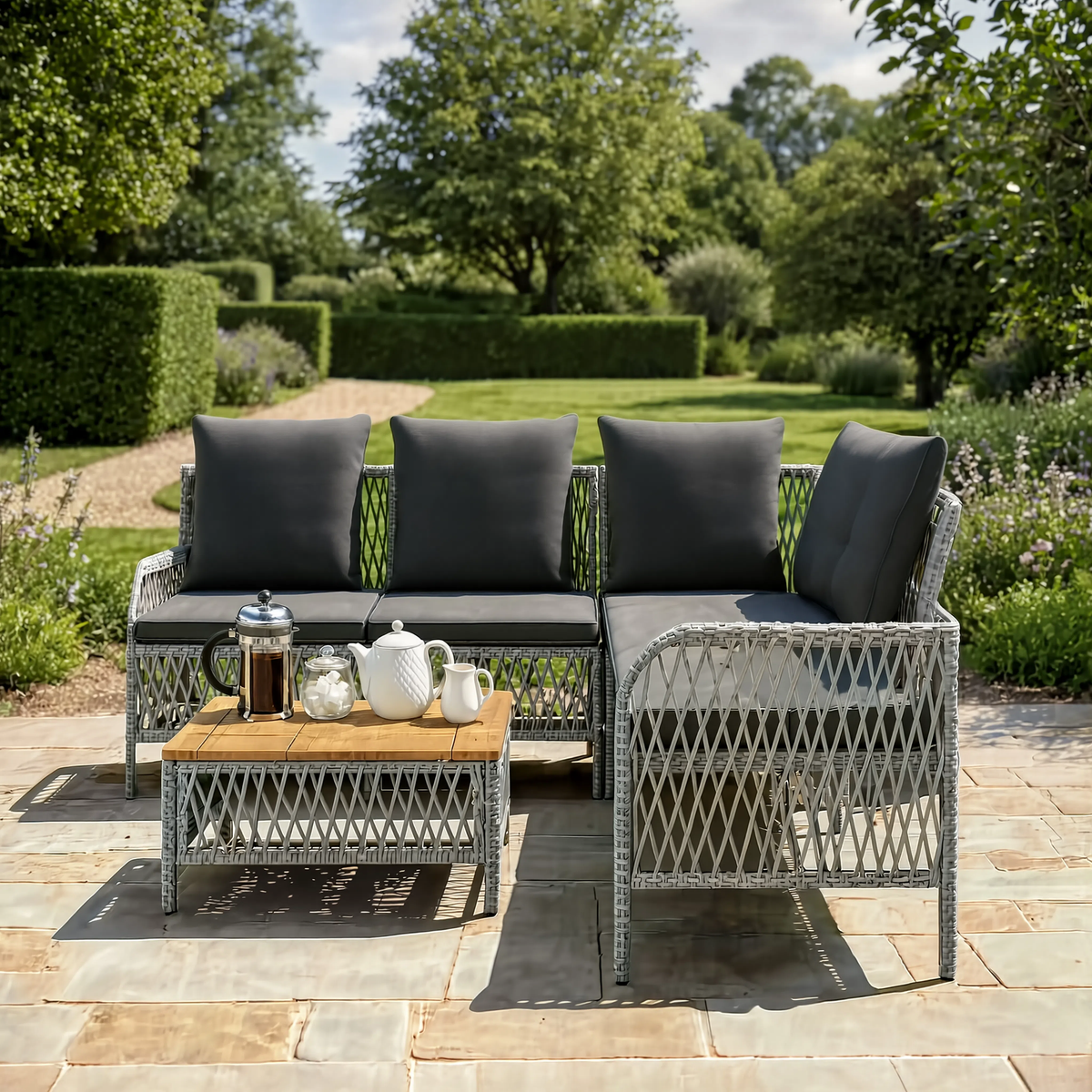 PE Rattan L-Shaped Garden Corner Sofa Set with Acacia Coffee Table | GardenCorner
