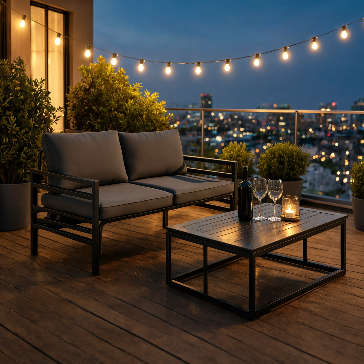 Black Steel 3-Piece Garden Sofa Set with Cushions & Table | GardenCorner