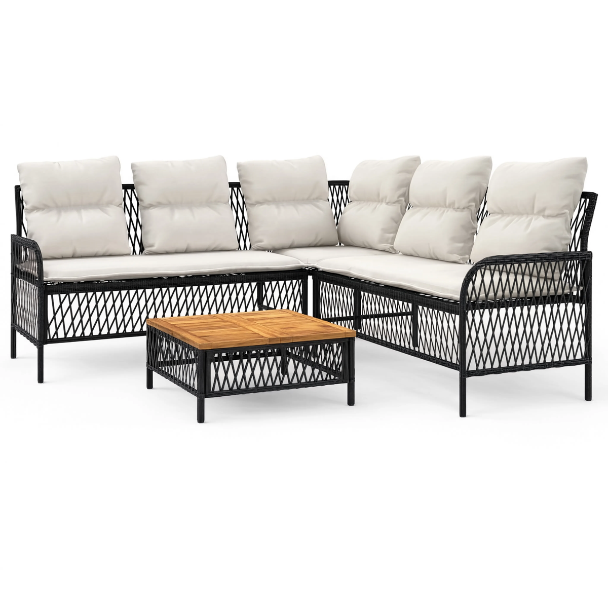 PE Rattan L-Shaped Garden Corner Sofa Set with Acacia Coffee Table | GardenCorner