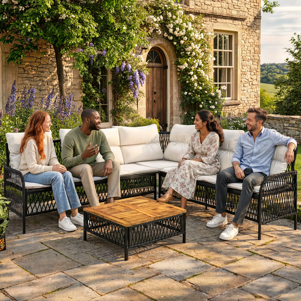 PE Rattan L-Shaped Garden Corner Sofa Set with Acacia Coffee Table | GardenCorner