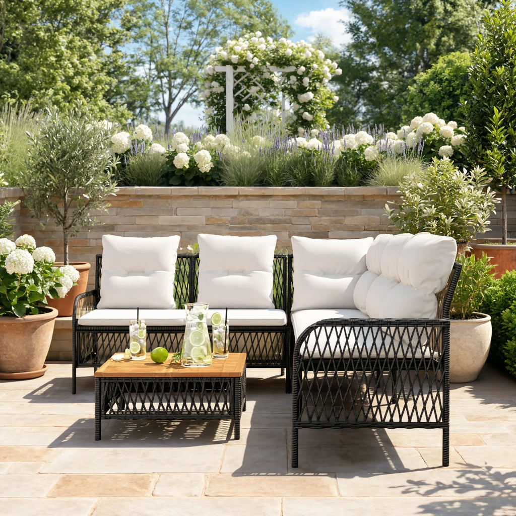 PE Rattan L-Shaped Garden Corner Sofa Set with Acacia Coffee Table | GardenCorner