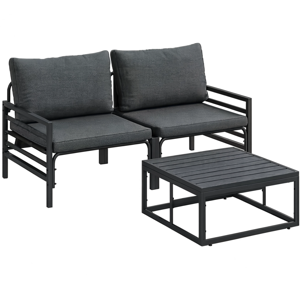 Black Steel 3-Piece Garden Sofa Set with Cushions & Table | GardenCorner