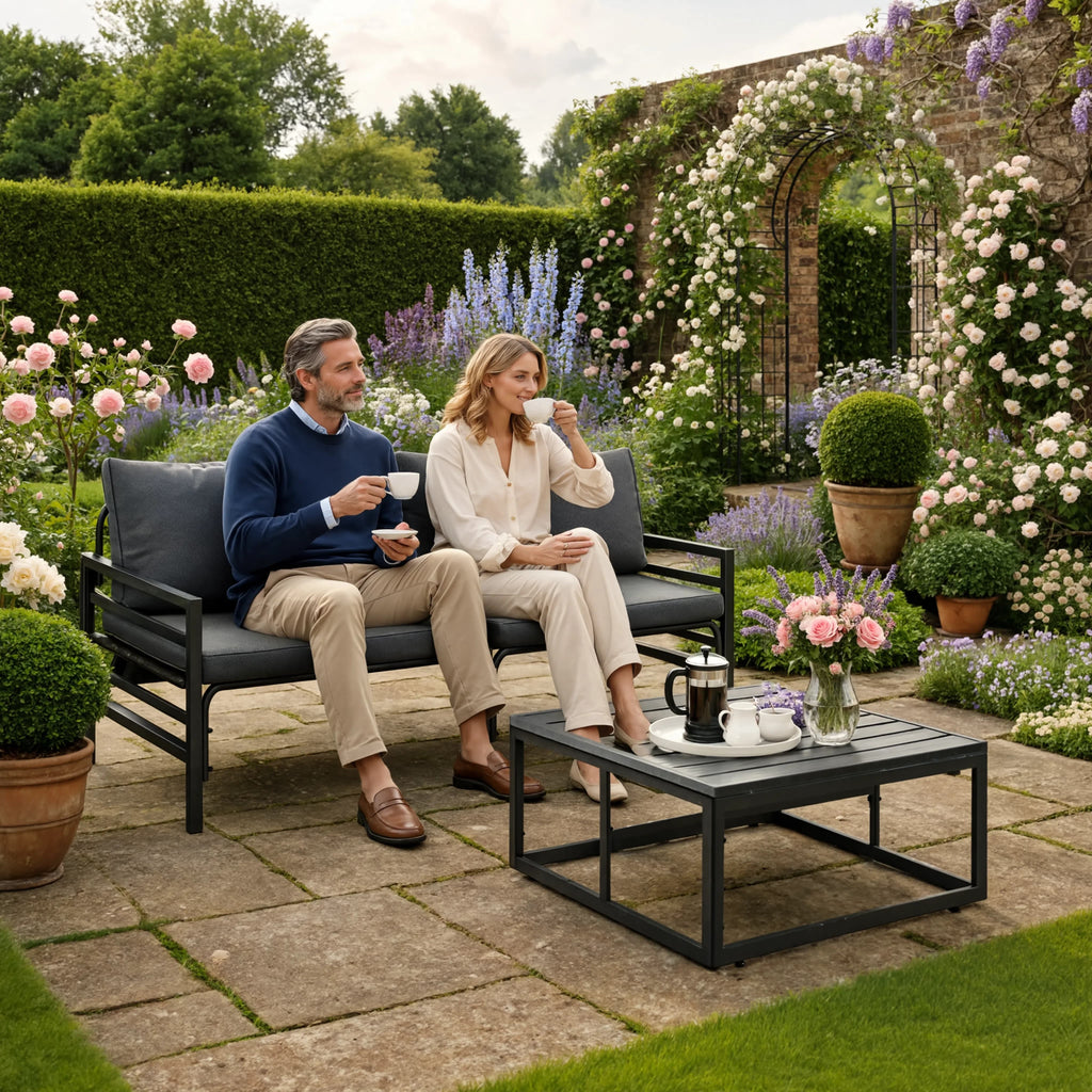 Black Steel 3-Piece Garden Sofa Set with Cushions & Table | GardenCorner
