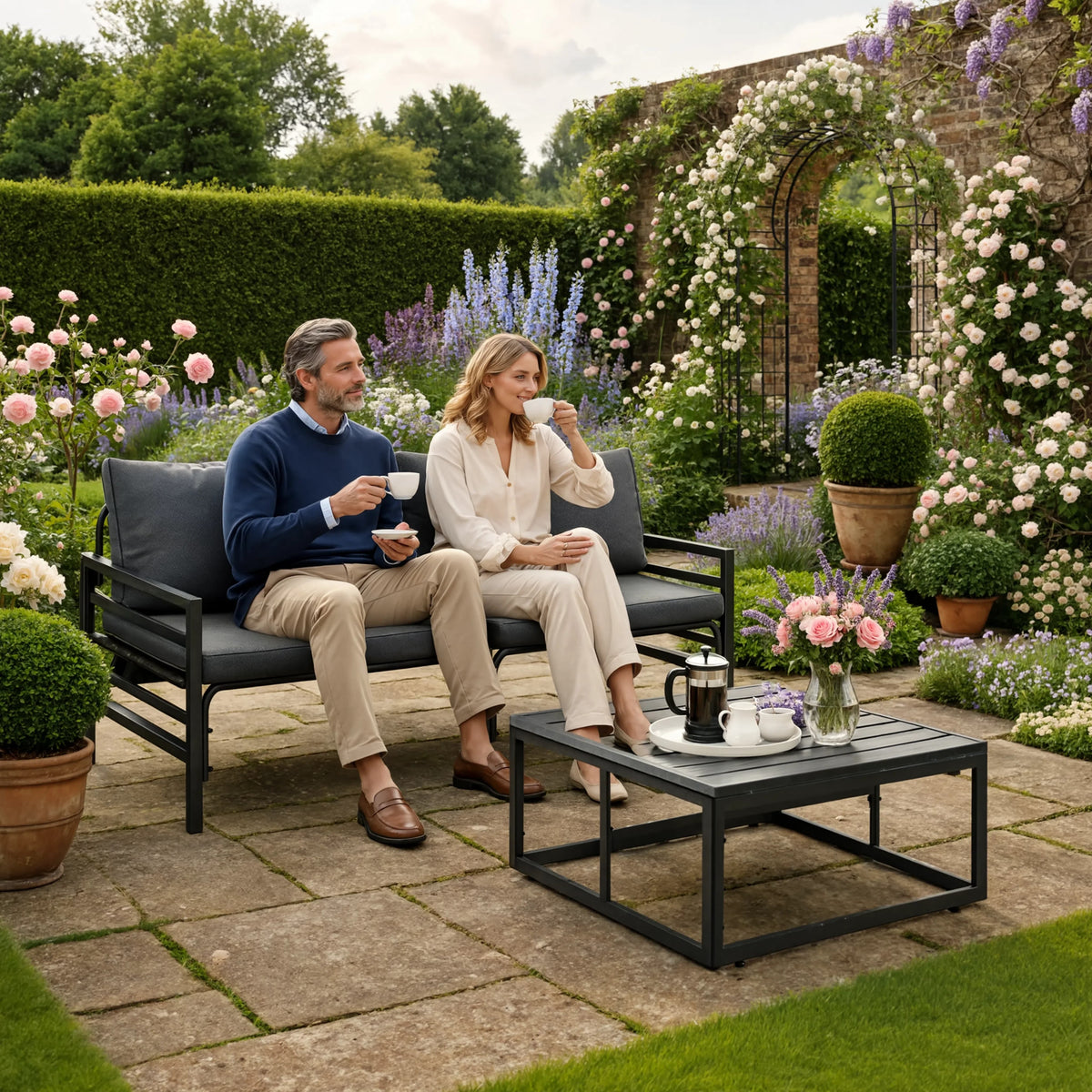 Black Steel 3-Piece Garden Sofa Set with Cushions & Table | GardenCorner