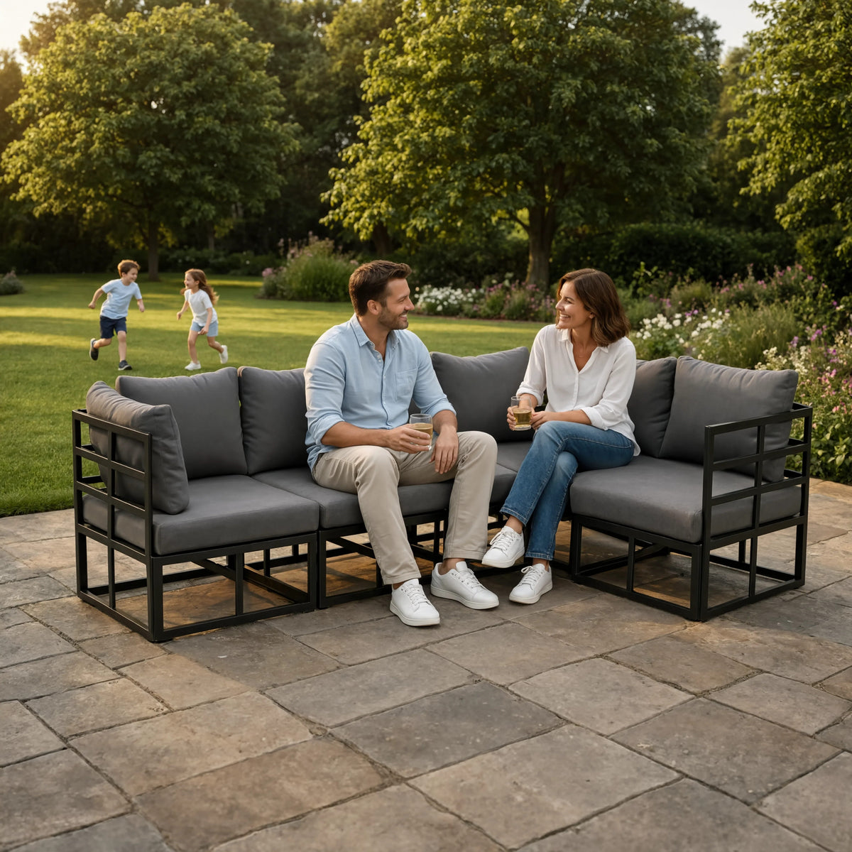 Black Aluminium 5-Piece Modular Garden Corner Sofa Set with Cushions | GardenCorner