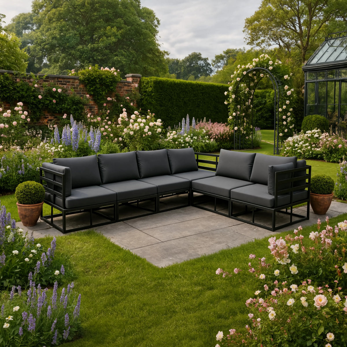 Black Aluminium 5-Piece Modular Garden Corner Sofa Set with Cushions | GardenCorner