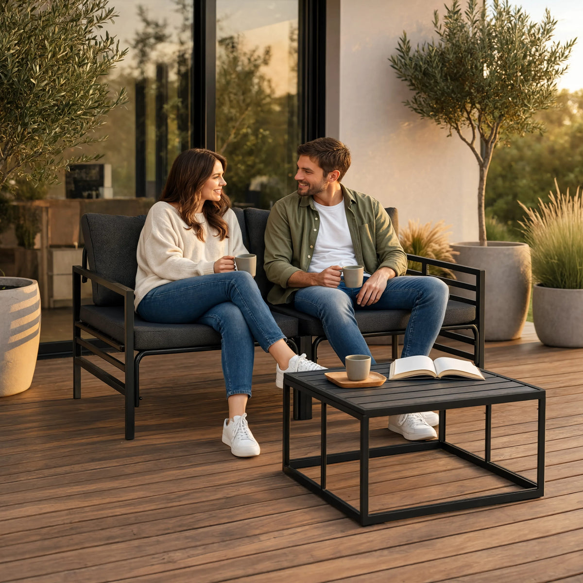 Black Steel 3-Piece Garden Sofa Set with Cushions & Table | GardenCorner