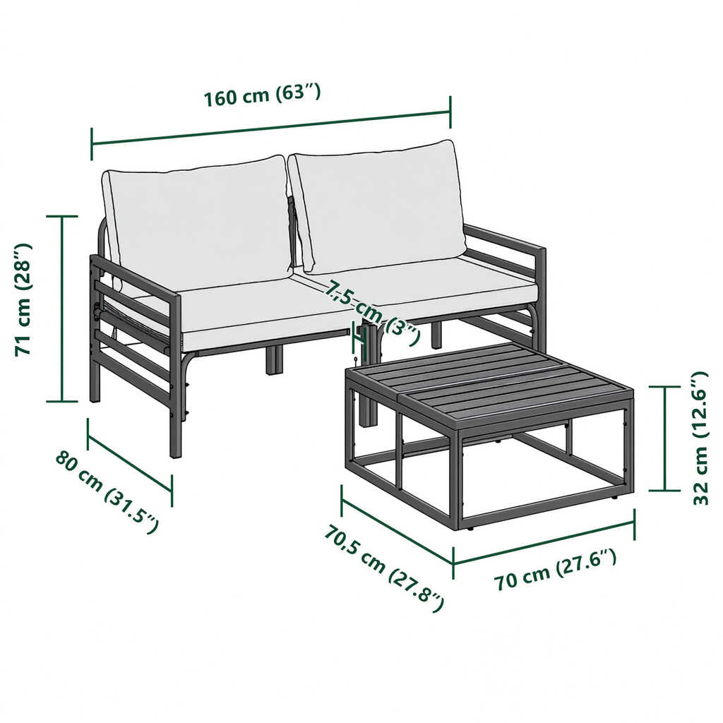 Black Steel 3-Piece Garden Sofa Set with Cushions & Table | GardenCorner