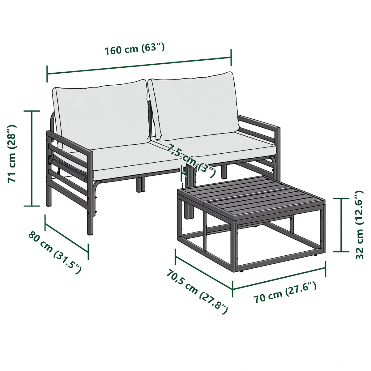 Black Steel 3-Piece Garden Sofa Set with Cushions & Table | GardenCorner