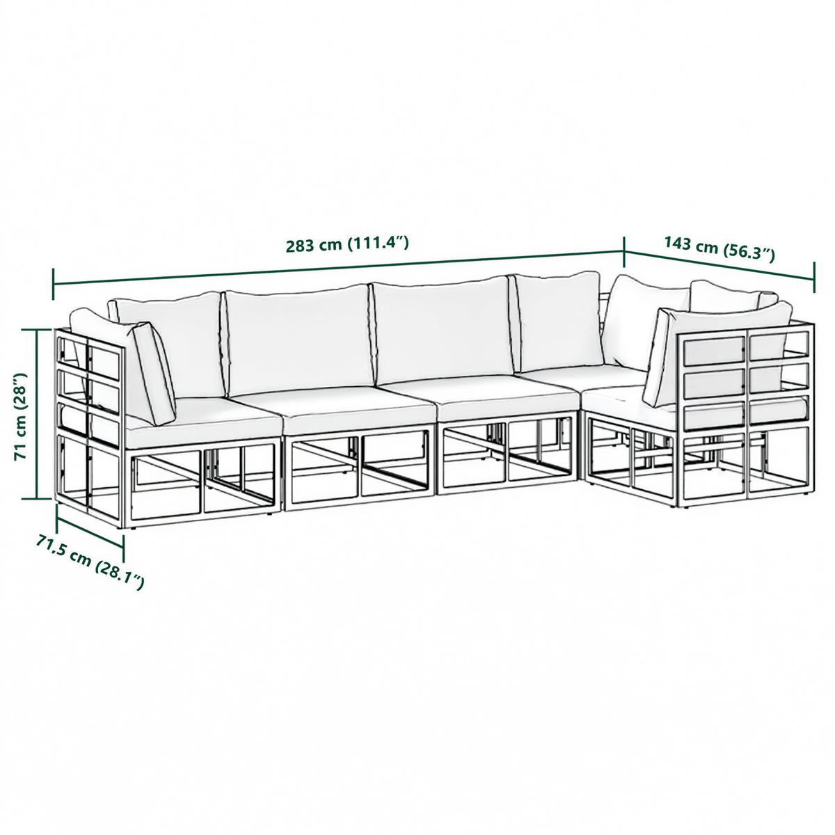 Black Aluminium 5-Piece Modular Garden Corner Sofa Set with Cushions | GardenCorner