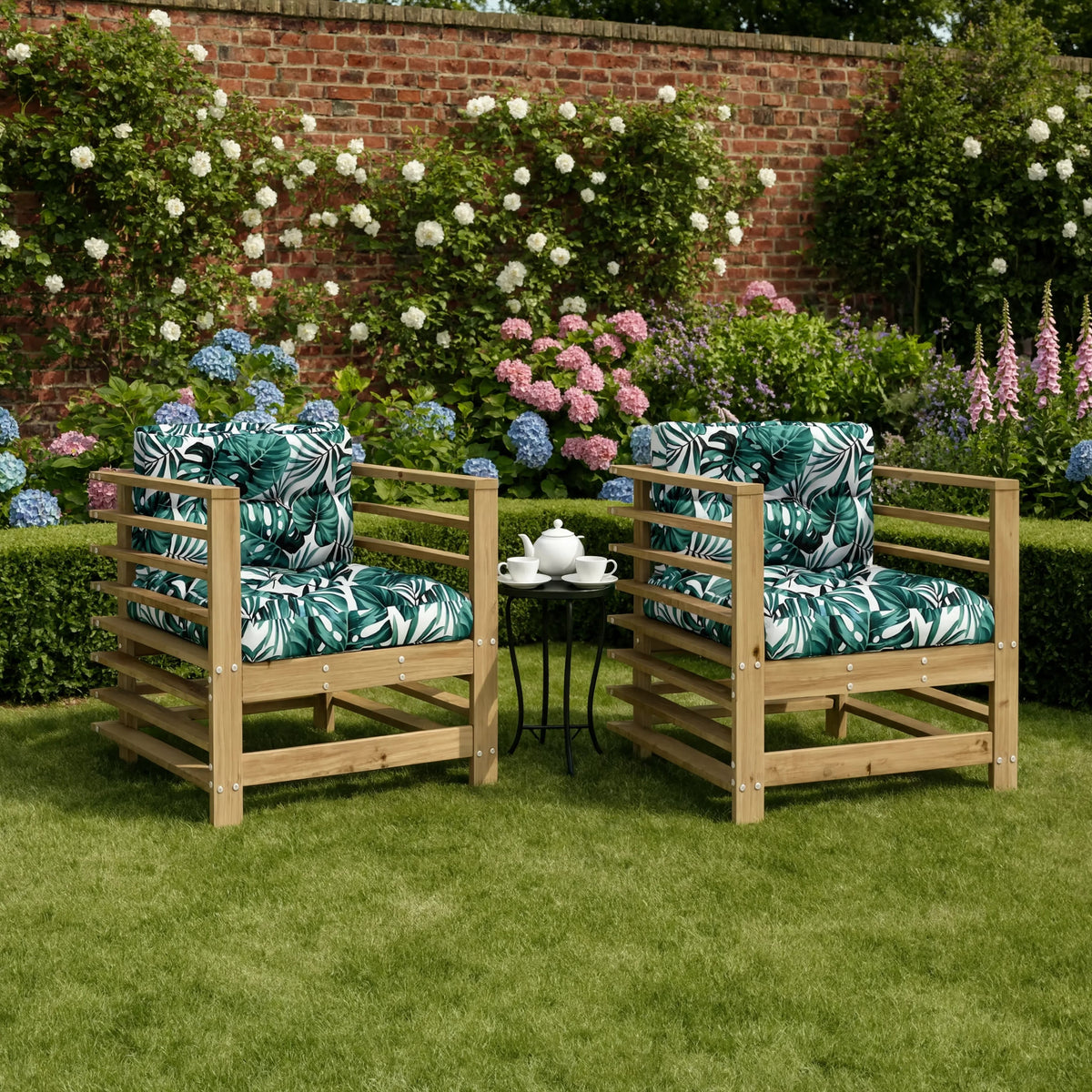 Solid Douglas Wood Modular Garden Chair Set with Cushions | GardenCorner