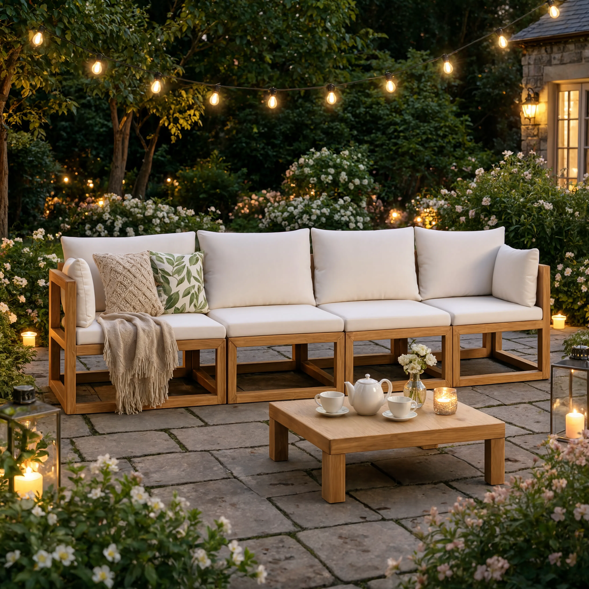 Solid Acacia Wood 4-Seater Modular Garden Corner Sofa with Cushions | GardenCorner
