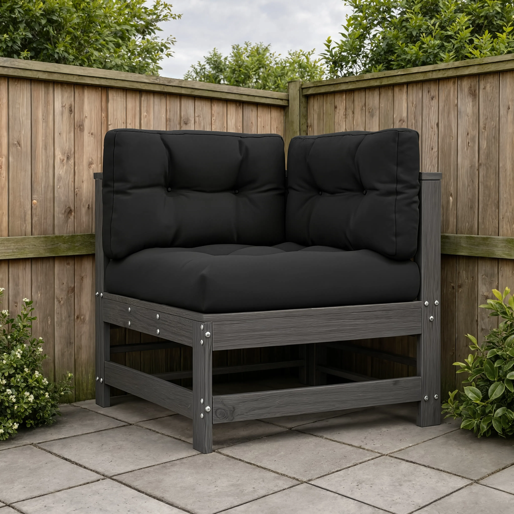 Grey Pine Wood Modular Corner Sofa with Black Cushions