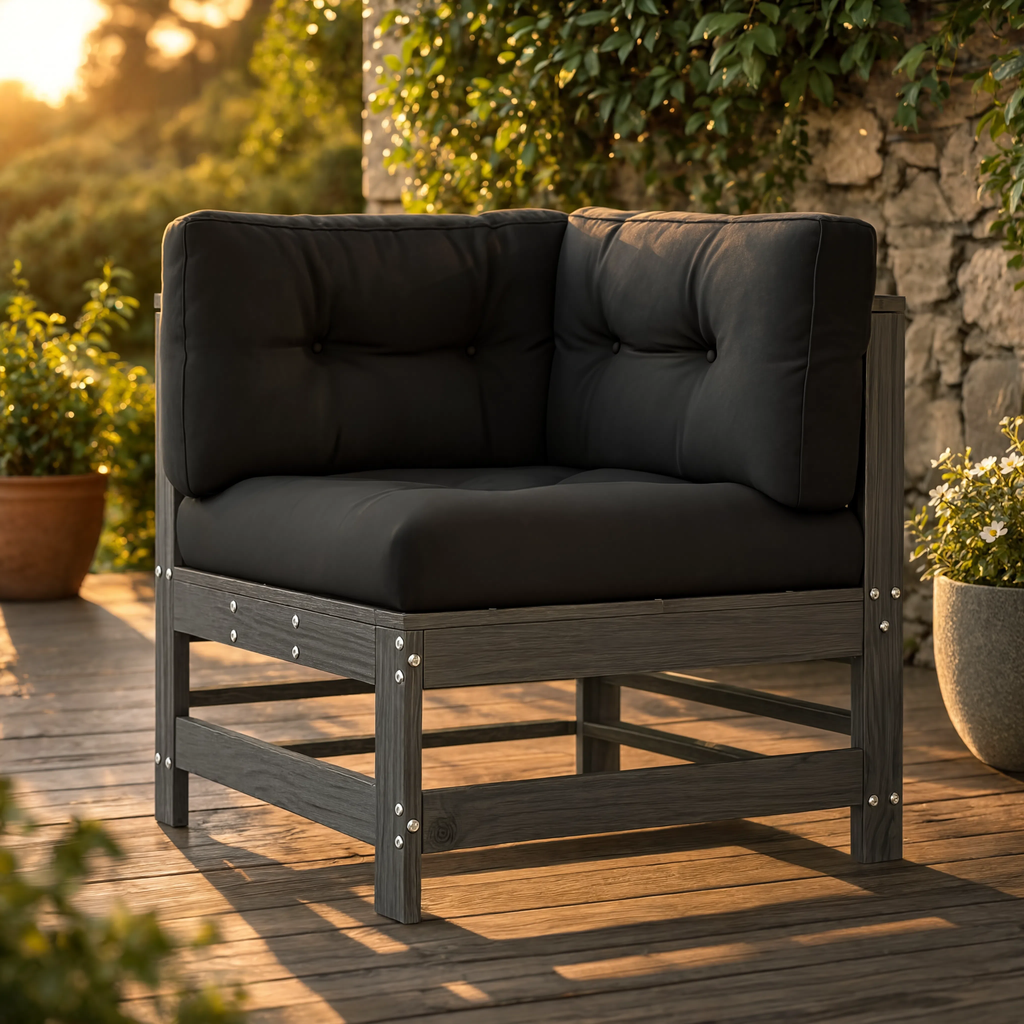 Grey Pine Wood Modular Corner Sofa with Black Cushions