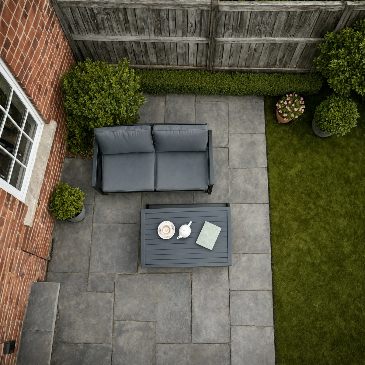 Black Steel 3-Piece Garden Sofa Set with Cushions & Table | GardenCorner